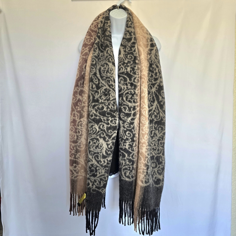 100 Wool Long Scarf Taupe Fringe La Fiorentina Brown Black Victorian Academia